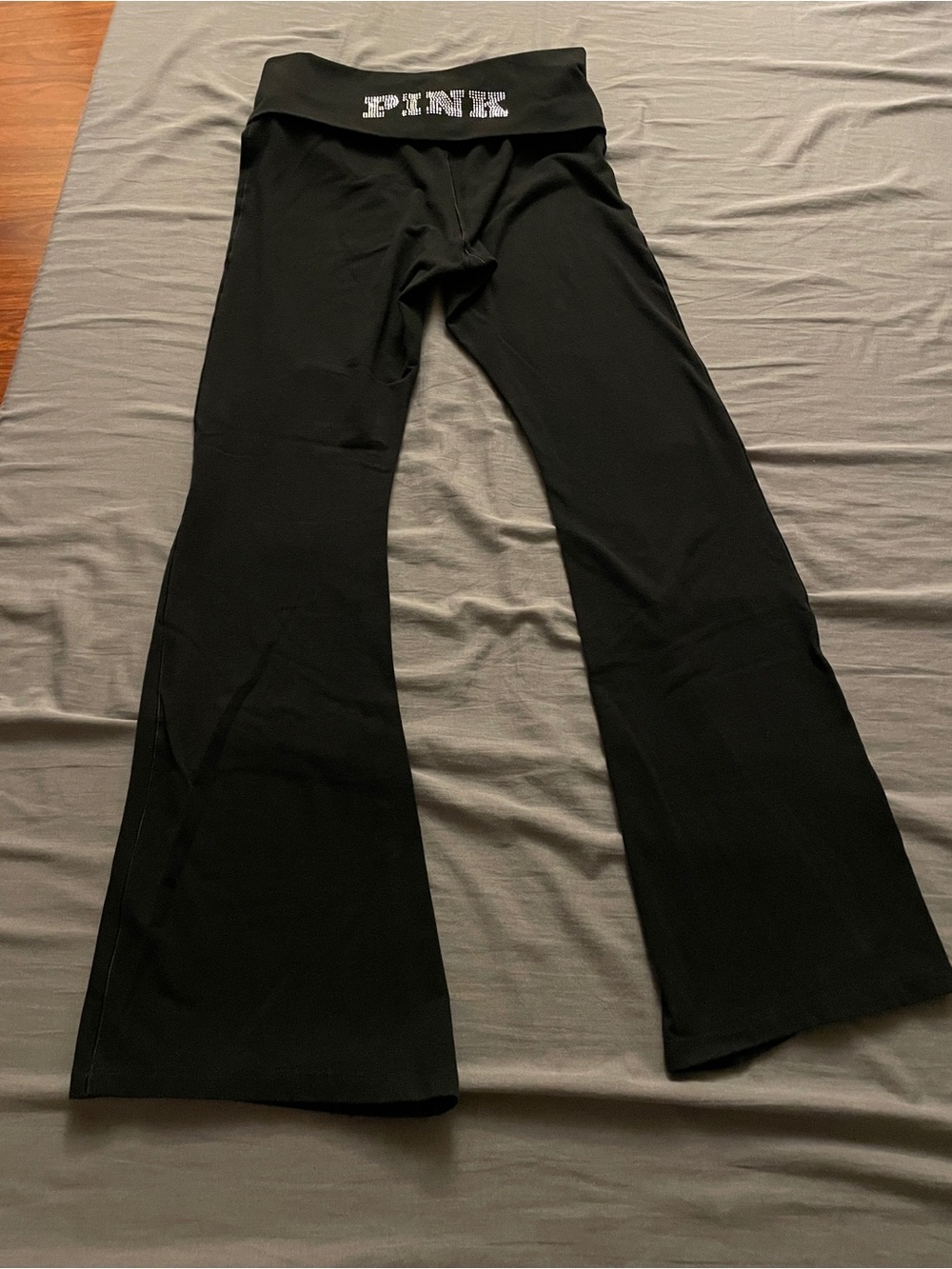 PINK Victoria's Secret Black Fold over Flare Leggings with Bling Rhinestones M